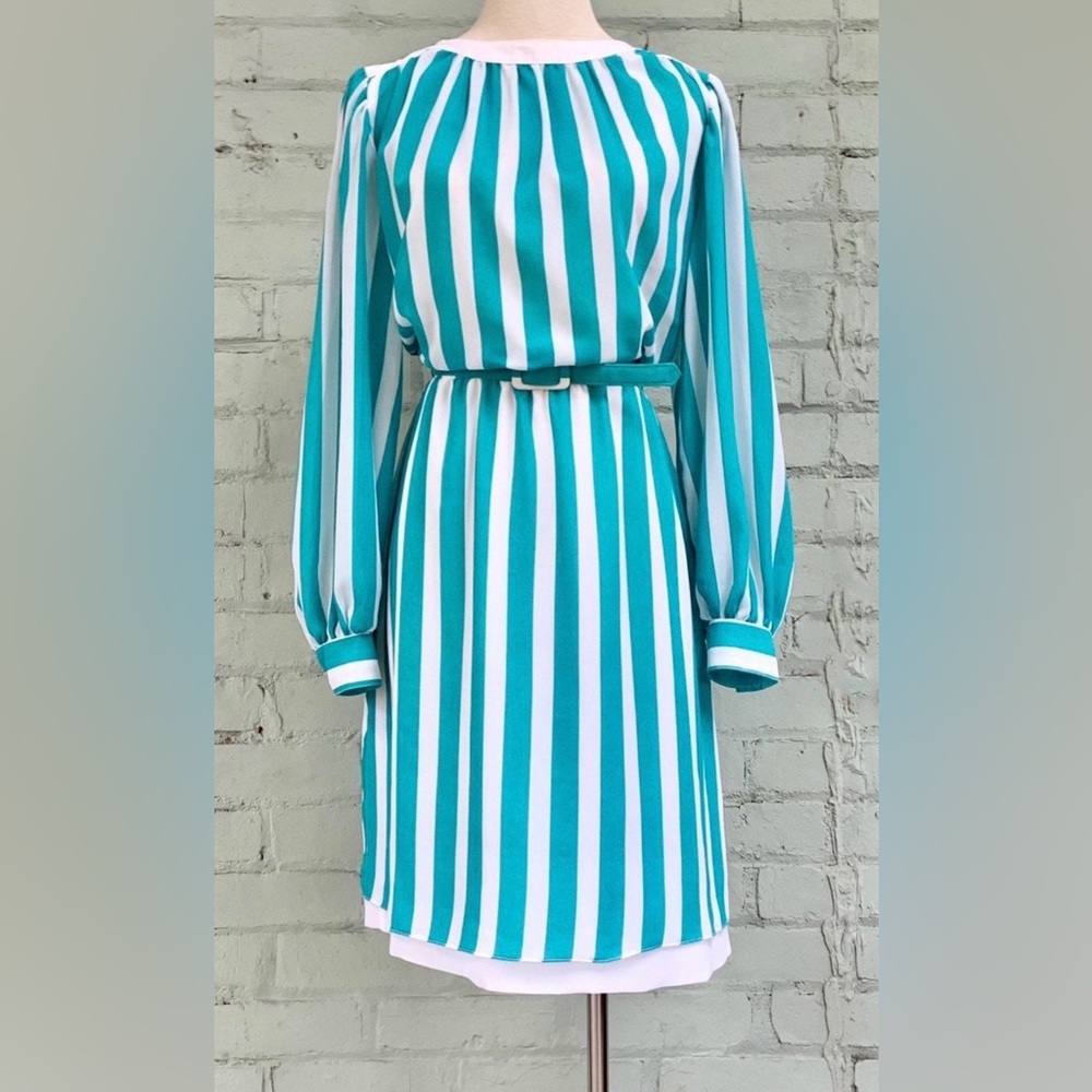 Vintage Striped Long Sleeve Midi Dress in Teal and White